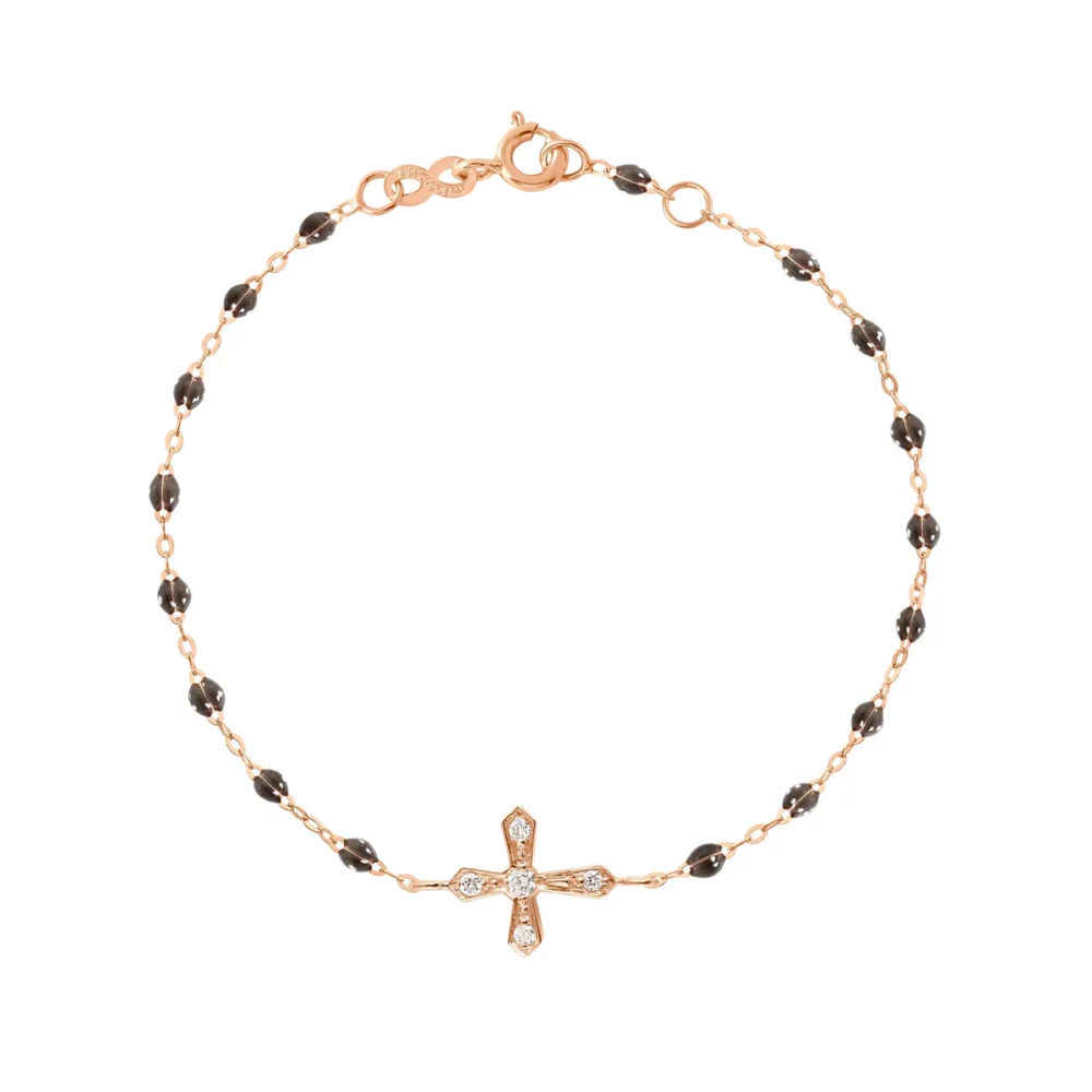 Gigi Clozeau - Bracelet croix vintage, or rose diamants résine noire